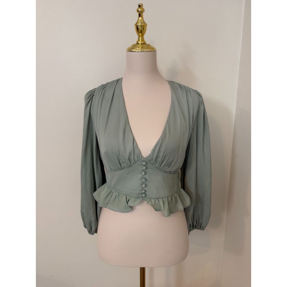 Petal + Pup Sage Green Peplum Blouse US 2 Long Sleeve V Neck Ruffle Buttons